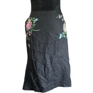 Anne Carson Cottage Whimsical Embroidered Black Linen Midi Skirt Floral 12